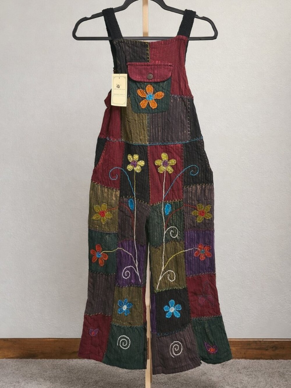 Himalaya Patchwork Embroidered Overalls S/M • 100% Cotton Boho Festival Style